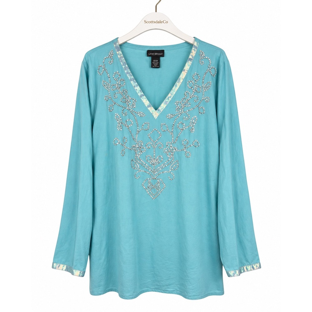 Lane Bryant Tunic Womens 22/24 Turquoise Cotton Rhinestone V Neck Boho Y2K Top